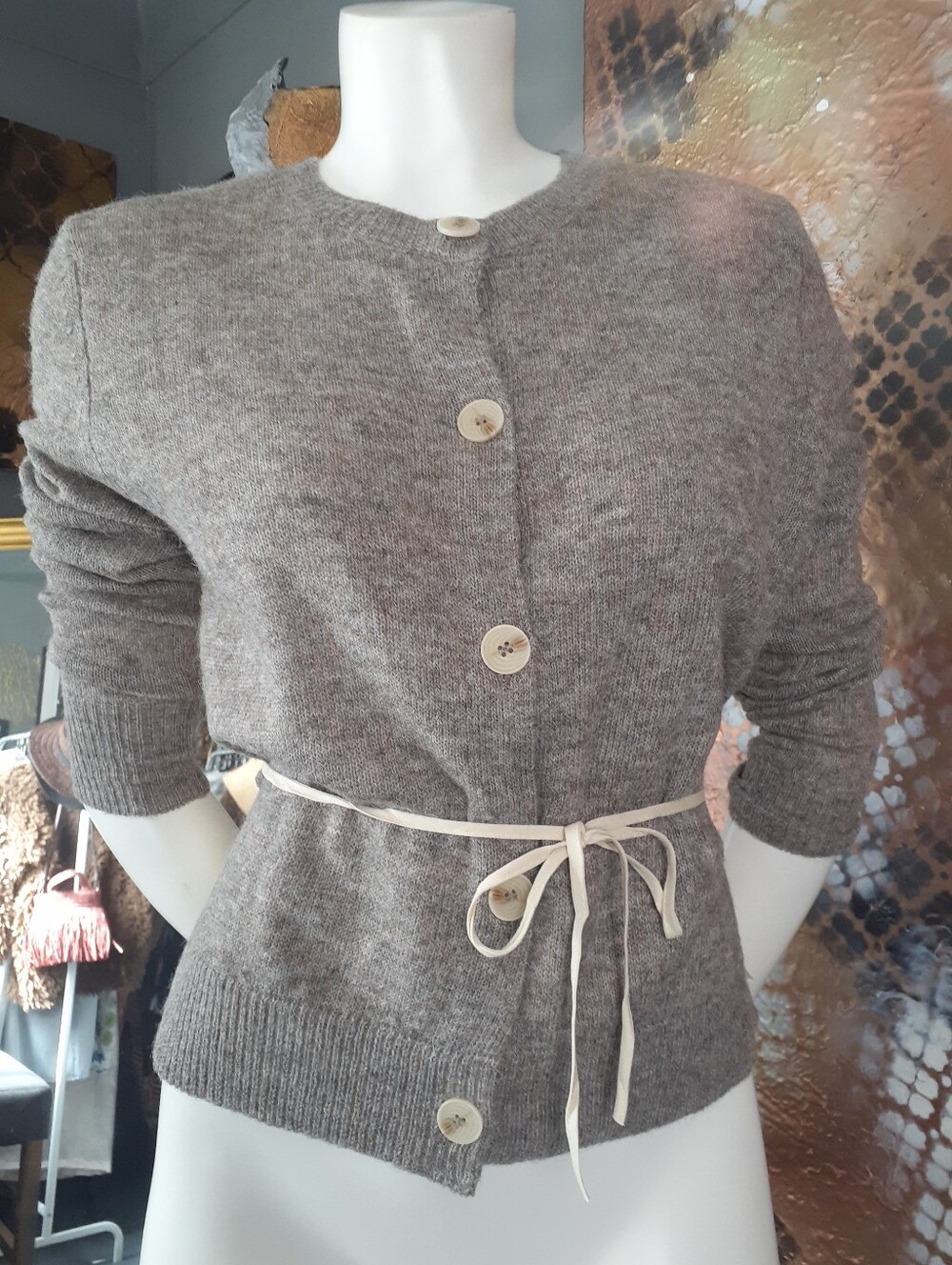Zara Nwt Classic Crewneck Button Cardigan - Taupe And Cream